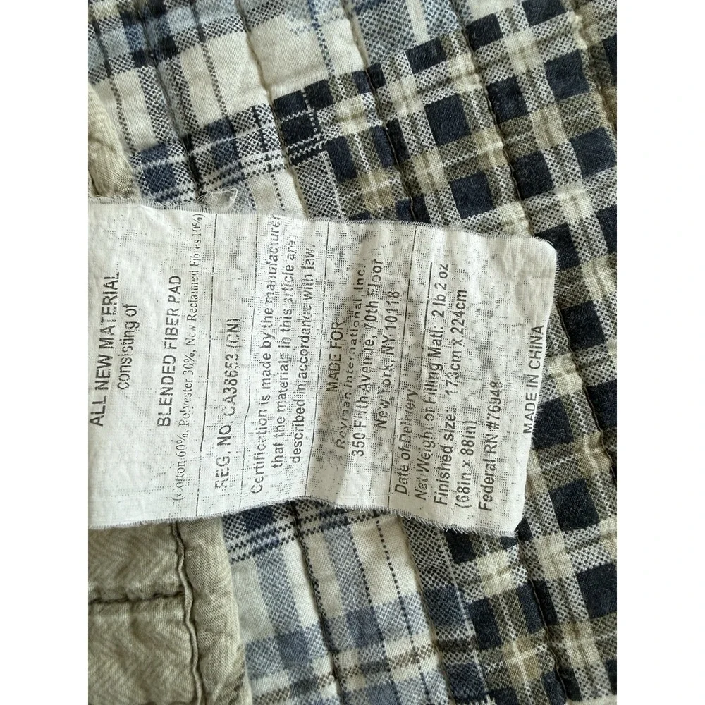 Eddie Bauer Plaid Quilt Blue Gray Cream Twin Throw Vtg 90s Rustic Cabin Cottage